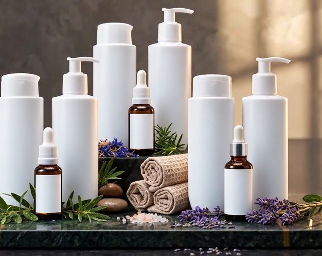 Linha de óleos essenciais, shampoos e condicionadores com rótulo em branco