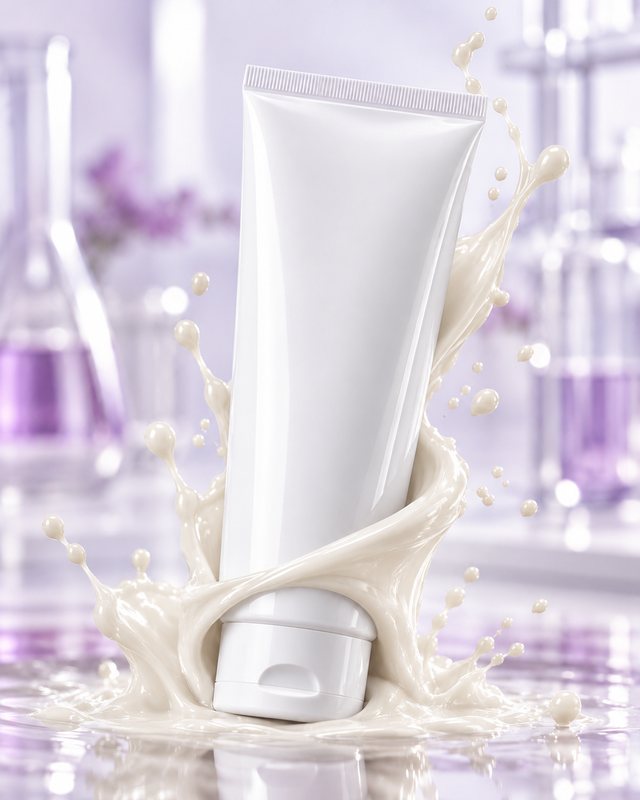 Tubo de creme branco, sem rótulo, envolvido por um respingo roxo